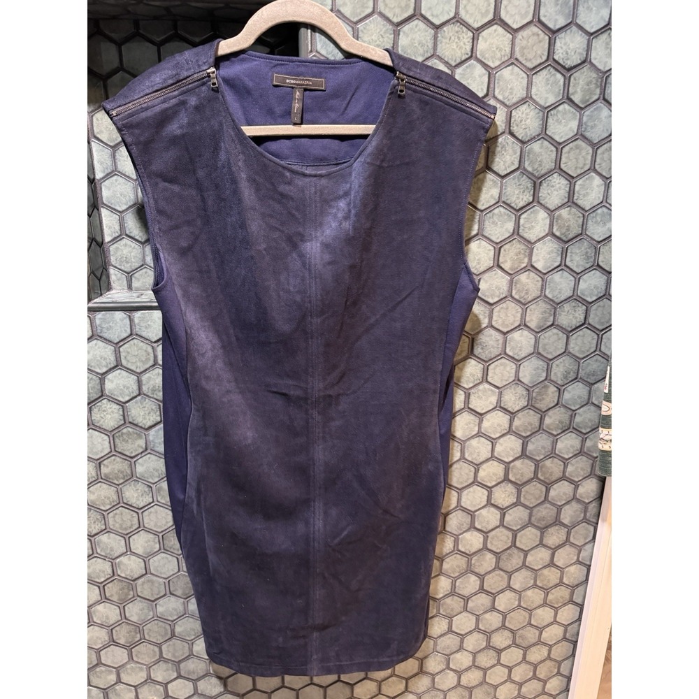 BCBG Max Azria Karlee Blue Vegan Suede‎ Mini Dress Zippered Shoulder Size Large